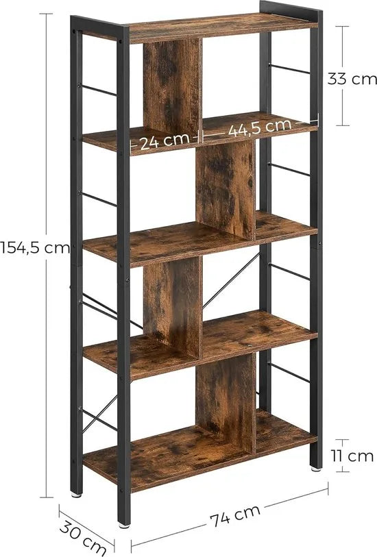 FurnStar - Boekenkast - Plank - Boekenkast - Kantoorrek met 5 niveaus - Opbergrek - Groot - Metalen frame - Industriële stijl - 154.5 x 74 x 30 cm - Vintage bruin - inktzwart