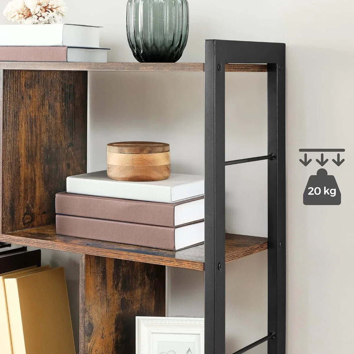 FurnStar - Boekenkast - Plank - Boekenkast - Kantoorrek met 5 niveaus - Opbergrek - Groot - Metalen frame - Industriële stijl - 154.5 x 74 x 30 cm - Vintage bruin - inktzwart