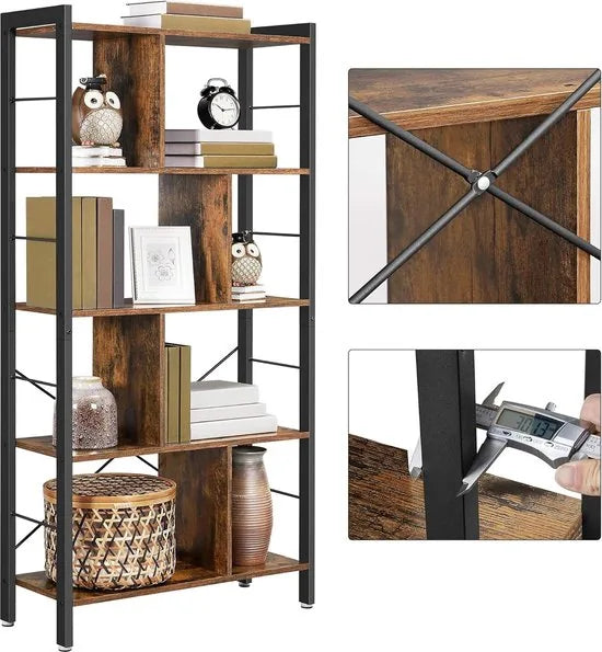 FurnStar - Boekenkast - Plank - Boekenkast - Kantoorrek met 5 niveaus - Opbergrek - Groot - Metalen frame - Industriële stijl - 154.5 x 74 x 30 cm - Vintage bruin - inktzwart