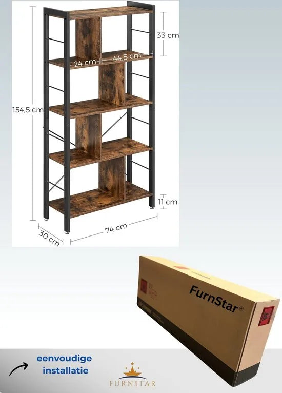 FurnStar - Boekenkast - Plank - Boekenkast - Kantoorrek met 5 niveaus - Opbergrek - Groot - Metalen frame - Industriële stijl - 154.5 x 74 x 30 cm - Vintage bruin - inktzwart