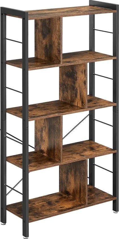 FurnStar - Boekenkast - Plank - Boekenkast - Kantoorrek met 5 niveaus - Opbergrek - Groot - Metalen frame - Industriële stijl - 154.5 x 74 x 30 cm - Vintage bruin - inktzwart