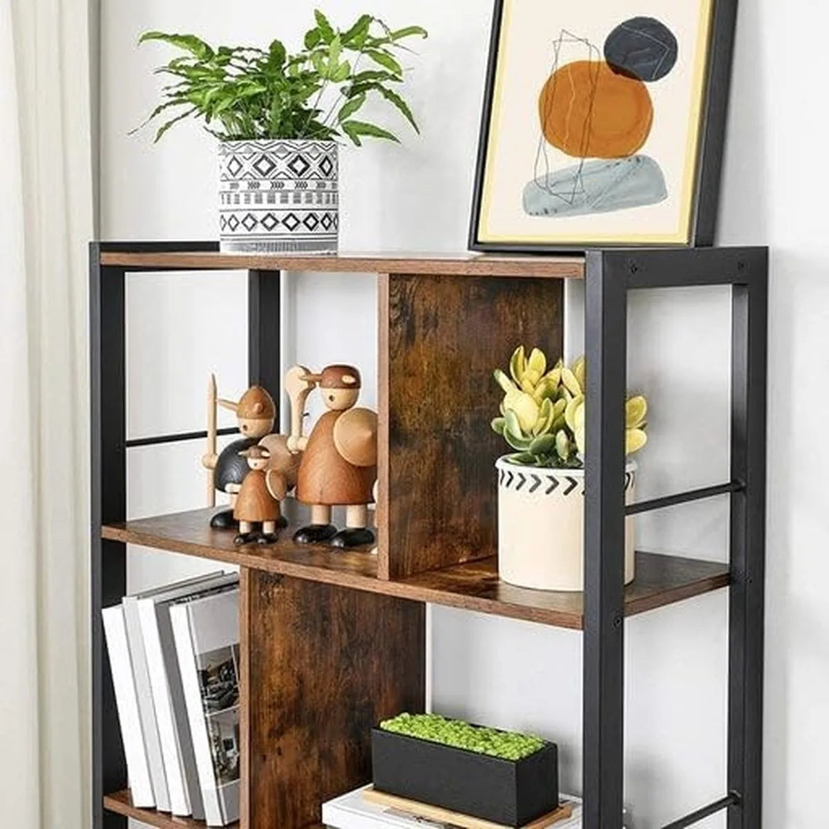 FurnStar - Boekenkast - Plank - Boekenkast - Kantoorrek met 5 niveaus - Opbergrek - Groot - Metalen frame - Industriële stijl - 154.5 x 74 x 30 cm - Vintage bruin - inktzwart