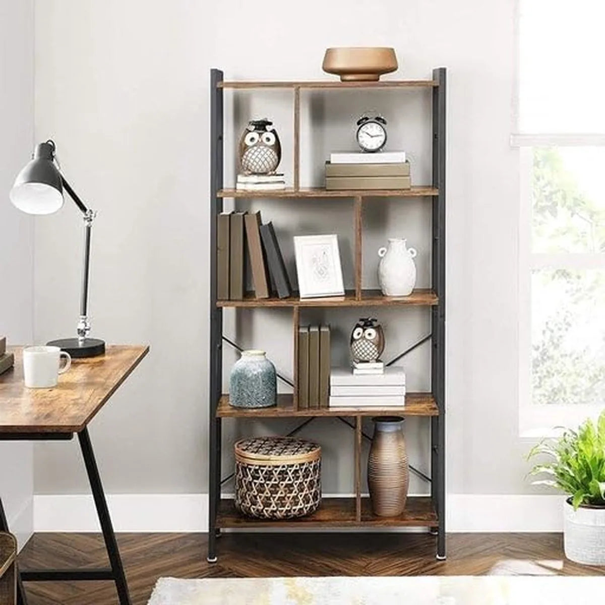 FurnStar - Boekenkast - Plank - Boekenkast - Kantoorrek met 5 niveaus - Opbergrek - Groot - Metalen frame - Industriële stijl - 154.5 x 74 x 30 cm - Vintage bruin - inktzwart