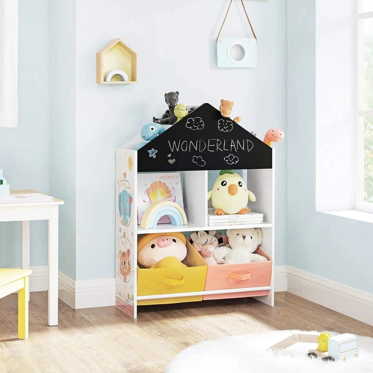 Furnstar - Boekenkast - Staand Rek - Opbergrek Met Zwart Bord - Multifunctionele Opbergdozen - Plank - Wit - Zwart - Oranje En Geel