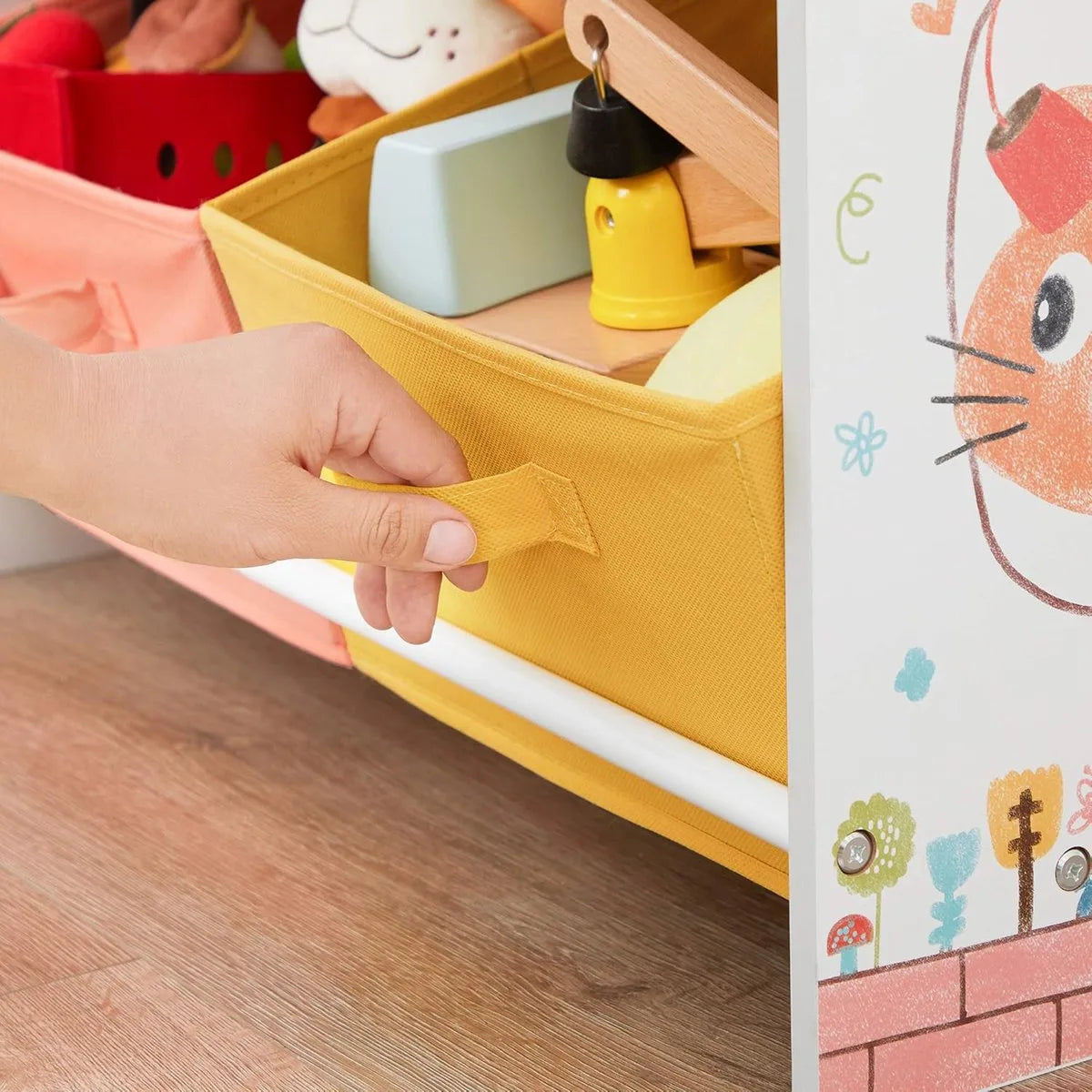 Furnstar - Boekenkast - Staand Rek - Opbergrek Met Zwart Bord - Multifunctionele Opbergdozen - Plank - Wit - Zwart - Oranje En Geel