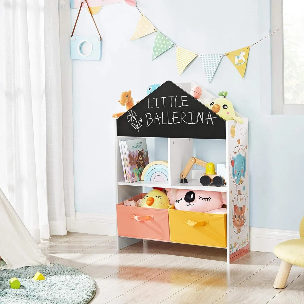 Furnstar - Boekenkast - Staand Rek - Opbergrek Met Zwart Bord - Multifunctionele Opbergdozen - Plank - Wit - Zwart - Oranje En Geel
