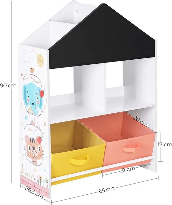 Furnstar - Boekenkast - Staand Rek - Opbergrek Met Zwart Bord - Multifunctionele Opbergdozen - Plank - Wit - Zwart - Oranje En Geel