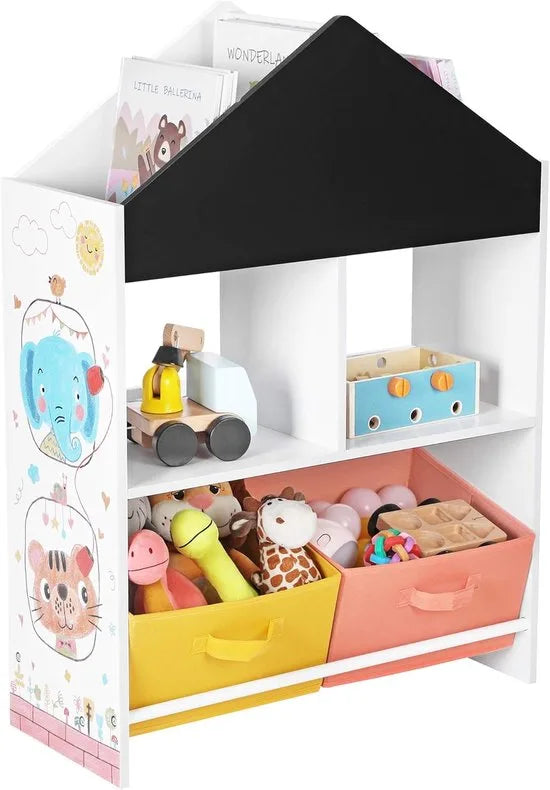 Furnstar - Boekenkast - Staand Rek - Opbergrek Met Zwart Bord - Multifunctionele Opbergdozen - Plank - Wit - Zwart - Oranje En Geel
