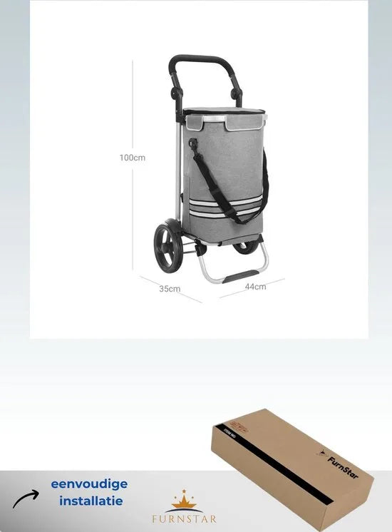 FurnStar - Boodschappentrolley - trolley - winkelwagen met koelvak - groot - 35 liter - inklapbaar - boodschappentas met wielen - afneembare tas - blauw – Grijs