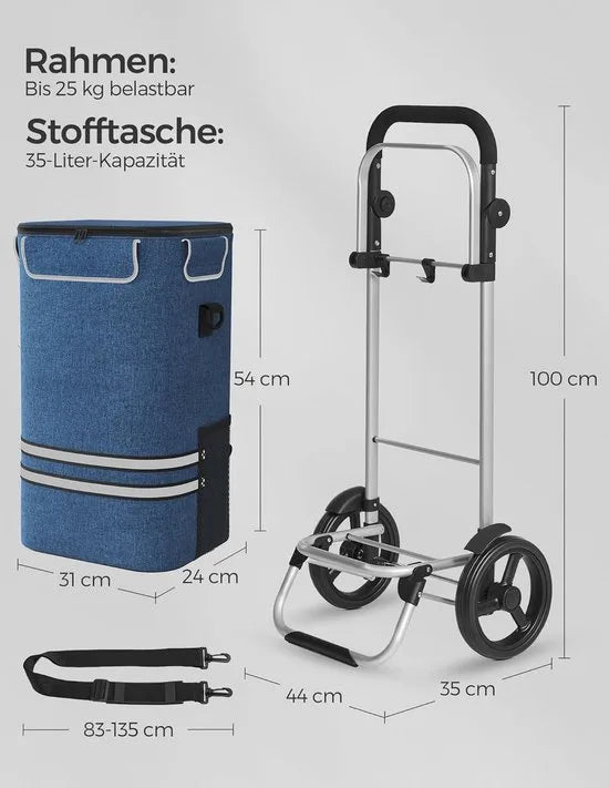 FurnStar - Boodschappentrolley - trolley - winkelwagen met koelvak - groot - 35 liter - inklapbaar - boodschappentas met wielen - afneembare tas - blauw