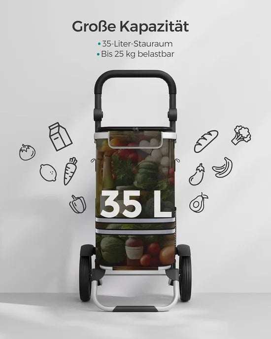 FurnStar Boodschappentrolley – Winkelwagen met Koelvak – Groot 35L – Inklapbaar – Boodschappentas met Wielen en Afneembare Tas – Zwart