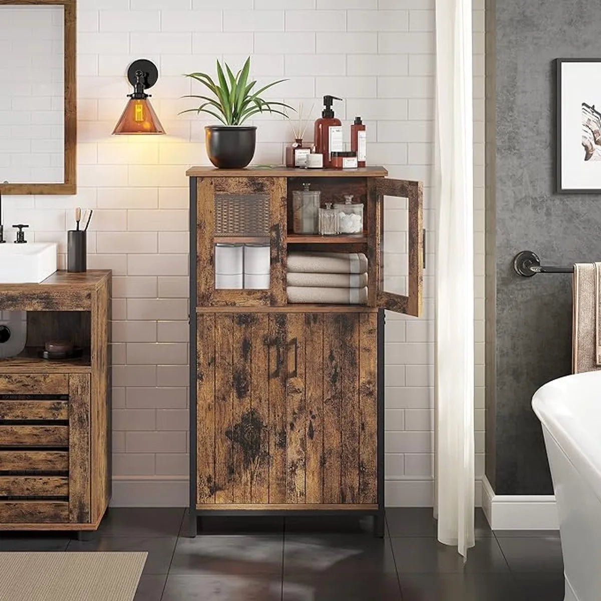 Furnstar Buffetkast - Badkamerkast / Dressoir / Keukenkast – Industriële Opbergkast met Verstelbare Plank en Stalen Frame – 30 x 60 x 108 cm – Vintage Bruin/Zwart