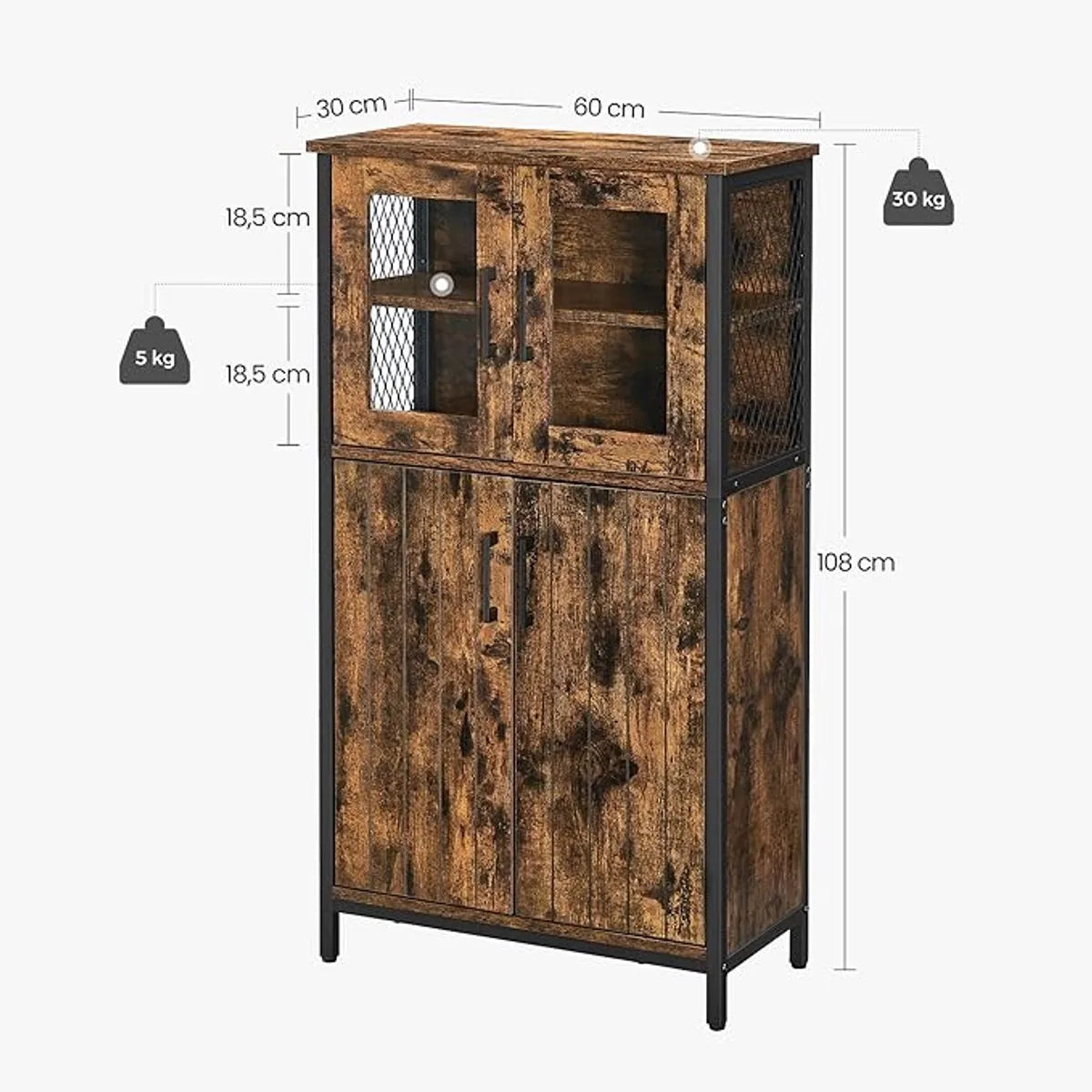 Furnstar Buffetkast - Badkamerkast / Dressoir / Keukenkast – Industriële Opbergkast met Verstelbare Plank en Stalen Frame – 30 x 60 x 108 cm – Vintage Bruin/Zwart