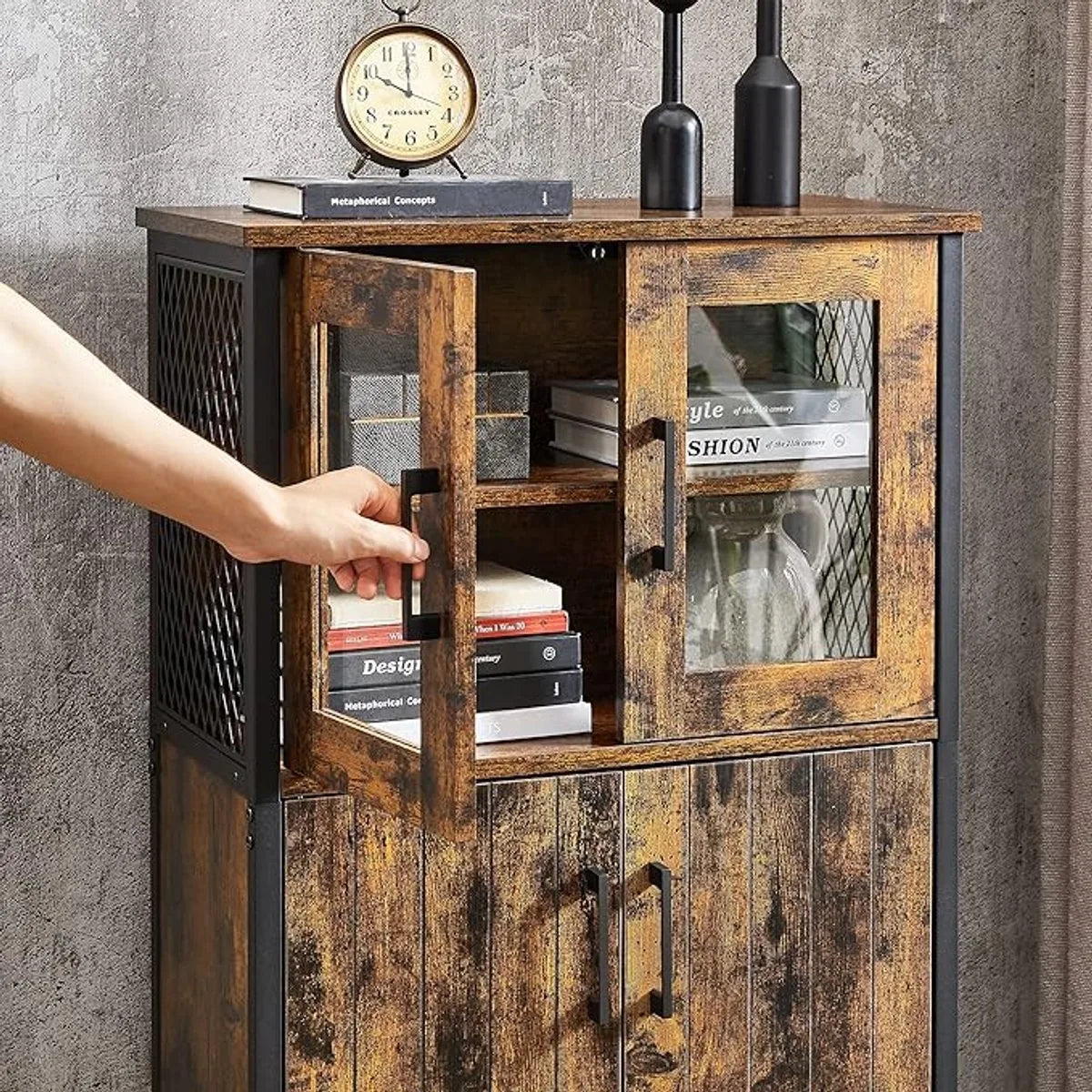 Furnstar Buffetkast - Badkamerkast / Dressoir / Keukenkast – Industriële Opbergkast met Verstelbare Plank en Stalen Frame – 30 x 60 x 108 cm – Vintage Bruin/Zwart