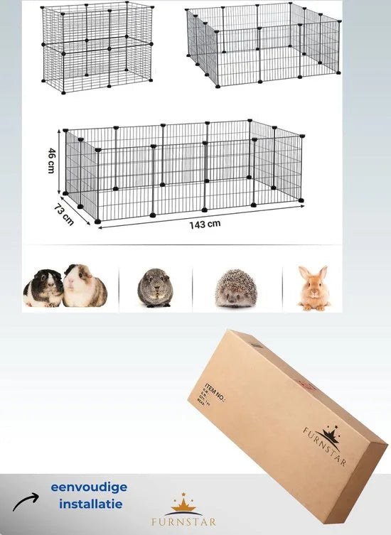 FurnStar - Buitenren DIY - Knaagdierenren - Knaagdierenkooi - Puppyrun - Konijnen Caviaren Metalen Gaas - 143 x 73 x 46 cm - Zwart