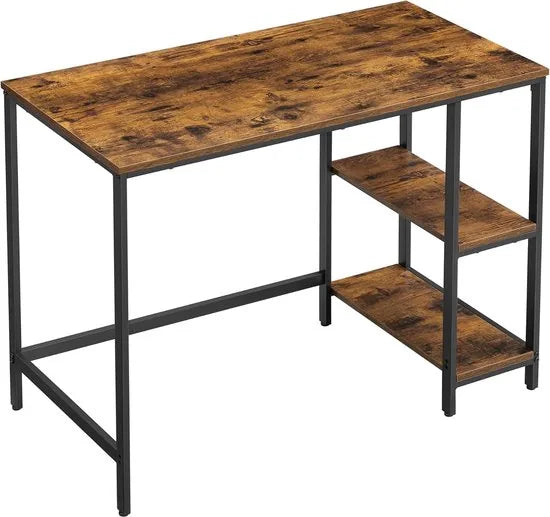 FurnStar - Bureau - Computertafel - Pc-tafel - Bureautafel - Met 2 planken aan de rechter- of linkerkant - Voor kantoor - Woonkamer - Stalen frame - Industrieel design - 50D x 100B x 76H cm - Zwart. – Vintabruin + zwart.
