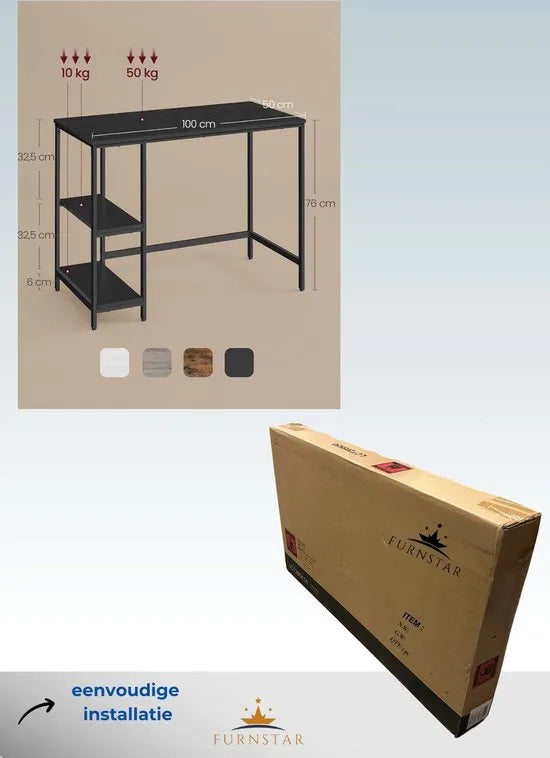 FurnStar - Bureau - Computertafel - Pc-tafel - Bureautafel - Met 2 planken aan de rechter- of linkerkant - Voor kantoor - Woonkamer - Stalen frame - Industrieel design - 50D x 100B x 76H cm - Zwart.