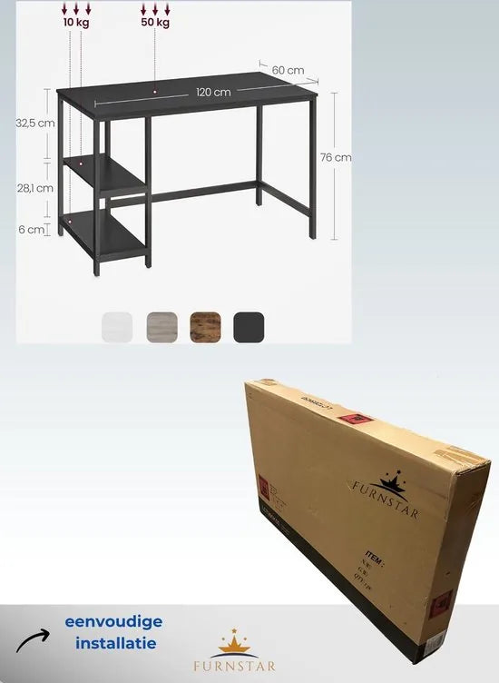 FurnStar - Bureau - Computertafel - Pc-tafel - Bureautafel - Met 2 planken aan de rechter- of linkerkant - Voor kantoor - Woonkamer - Stalen frame - Industrieel design - 60D x 120B x 76H cm - Ebbenzwart