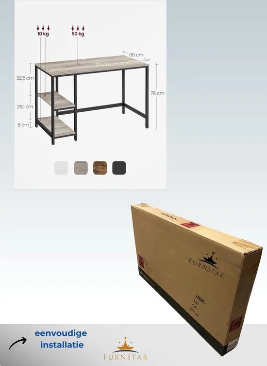 FurnStar - Bureau - Computertafel - Pc-tafel - Bureautafel - Met 2 planken aan de rechter- of linkerkant - Voor kantoor - Woonkamer - Stalen frame - Industrieel design - 60D x 120B x 76H cm - Ebbenzwart- Beige