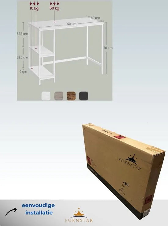 FurnStar - Bureau - Computertafel - Pc-tafel - Bureautafel - Met 2 planken aan de rechter- of linkerkant - Voor kantoor - Woonkamer - Stalen frame - Industrieel design - 50D x 100B x 76H cm - Esdoornwit