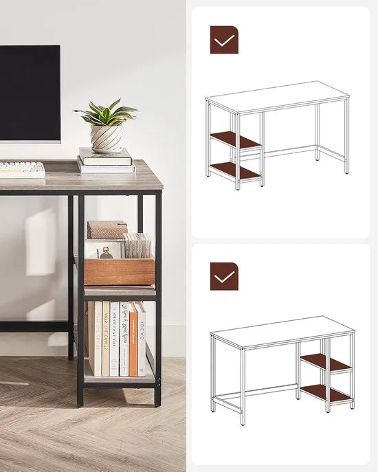 FurnStar - Bureau - Computertafel - Pc-tafel - Bureautafel - Met 2 planken aan de rechter- of linkerkant - Voor kantoor - Woonkamer - Stalen frame - Industrieel design - 60D x 120B x 76H cm - Ebbenzwart- Beige