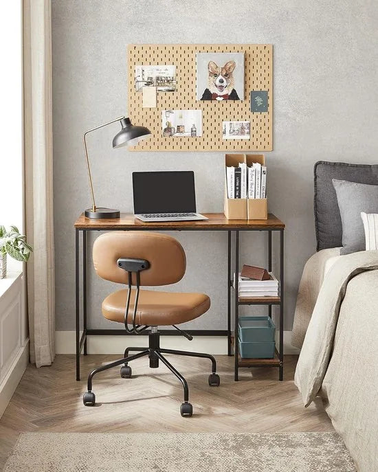 FurnStar - Bureau - Computertafel - Pc-tafel - Bureautafel - Met 2 planken aan de rechter- of linkerkant - Voor kantoor - Woonkamer - Stalen frame - Industrieel design - 50D x 100B x 76H cm - Zwart. – Vintabruin + zwart.