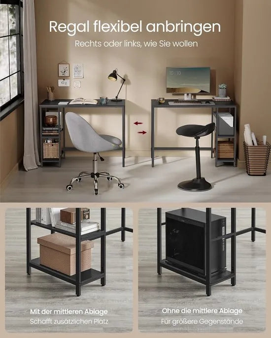 FurnStar - Bureau - Computertafel - Pc-tafel - Bureautafel - Met 2 planken aan de rechter- of linkerkant - Voor kantoor - Woonkamer - Stalen frame - Industrieel design - 50D x 100B x 76H cm - Zwart.