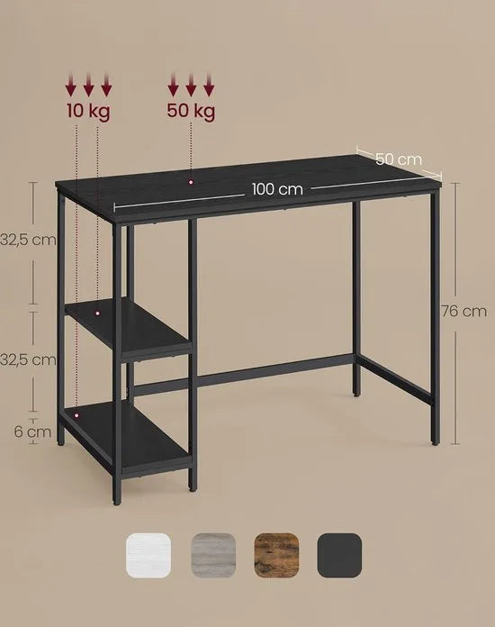 FurnStar - Bureau - Computertafel - Pc-tafel - Bureautafel - Met 2 planken aan de rechter- of linkerkant - Voor kantoor - Woonkamer - Stalen frame - Industrieel design - 50D x 100B x 76H cm - Zwart.