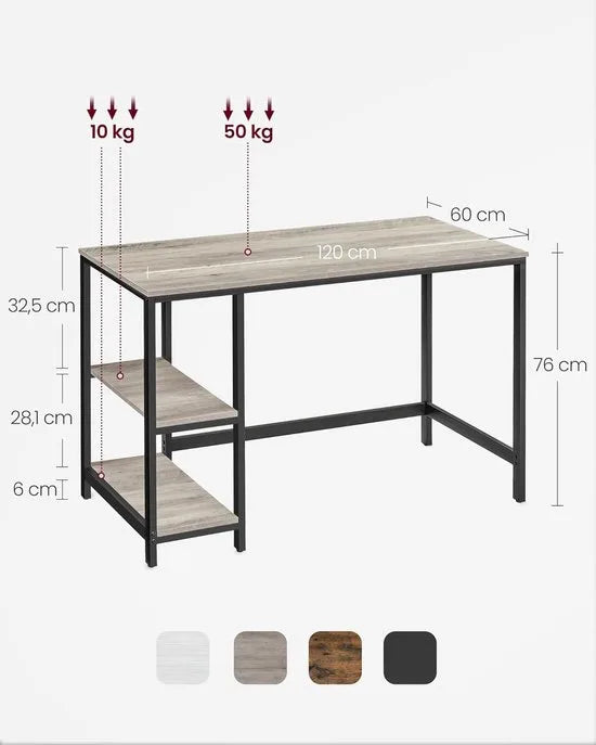 FurnStar - Bureau - Computertafel - Pc-tafel - Bureautafel - Met 2 planken aan de rechter- of linkerkant - Voor kantoor - Woonkamer - Stalen frame - Industrieel design - 60D x 120B x 76H cm - Ebbenzwart- Beige
