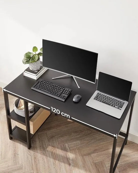 FurnStar - Bureau - Computertafel - Pc-tafel - Bureautafel - Met 2 planken aan de rechter- of linkerkant - Voor kantoor - Woonkamer - Stalen frame - Industrieel design - 60D x 120B x 76H cm - Ebbenzwart