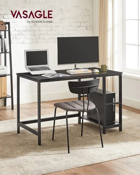 FurnStar - Bureau - Computertafel - Pc-tafel - Bureautafel - Met 2 planken aan de rechter- of linkerkant - Voor kantoor - Woonkamer - Stalen frame - Industrieel design - 60D x 120B x 76H cm - Ebbenzwart