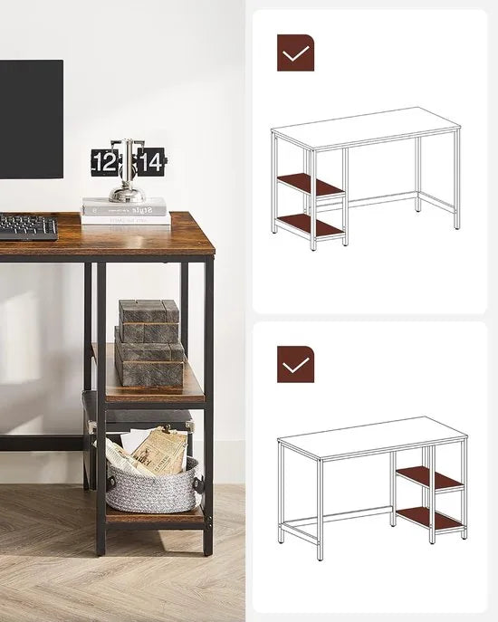 FurnStar - Bureau - Computertafel - Pc-tafel - Bureautafel - Met 2 planken aan de rechter- of linkerkant - Voor kantoor - Woonkamer - Stalen frame - Industrieel design - 60D x 120B x 76H cm - Vintagebruin + Zwart