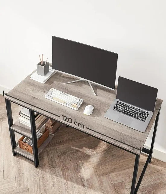 FurnStar - Bureau - Computertafel - Pc-tafel - Bureautafel - Met 2 planken aan de rechter- of linkerkant - Voor kantoor - Woonkamer - Stalen frame - Industrieel design - 60D x 120B x 76H cm - Ebbenzwart- Beige