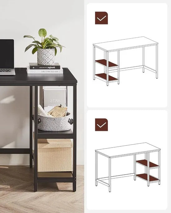 FurnStar - Bureau - Computertafel - Pc-tafel - Bureautafel - Met 2 planken aan de rechter- of linkerkant - Voor kantoor - Woonkamer - Stalen frame - Industrieel design - 60D x 120B x 76H cm - Ebbenzwart