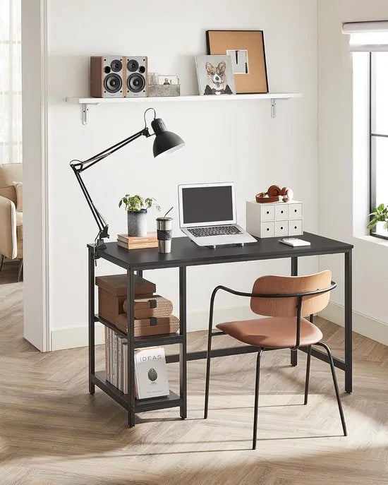 FurnStar - Bureau - Computertafel - Pc-tafel - Bureautafel - Met 2 planken aan de rechter- of linkerkant - Voor kantoor - Woonkamer - Stalen frame - Industrieel design - 60D x 120B x 76H cm - Ebbenzwart
