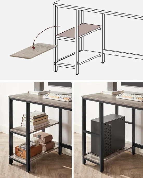 FurnStar - Bureau - Computertafel - Pc-tafel - Bureautafel - Met 2 planken aan de rechter- of linkerkant - Voor kantoor - Woonkamer - Stalen frame - Industrieel design - 60D x 120B x 76H cm - Ebbenzwart- Beige