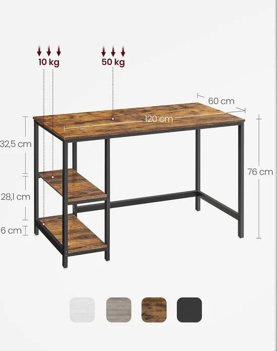 FurnStar - Bureau - Computertafel - Pc-tafel - Bureautafel - Met 2 planken aan de rechter- of linkerkant - Voor kantoor - Woonkamer - Stalen frame - Industrieel design - 60D x 120B x 76H cm - Vintagebruin + Zwart