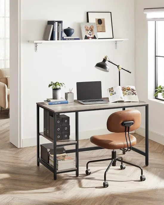 FurnStar - Bureau - Computertafel - Pc-tafel - Bureautafel - Met 2 planken aan de rechter- of linkerkant - Voor kantoor - Woonkamer - Stalen frame - Industrieel design - 60D x 120B x 76H cm - Ebbenzwart- Beige