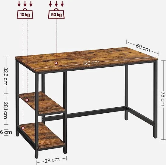 FurnStar - Bureau - computertafel - pc-tafel - bureautafel - met 2 planken rechts of links 120 x 60 x 75 cm - voor kantoor - woonkamer - stalen frame - industrieel ontwerp - vintage bruin-zwart