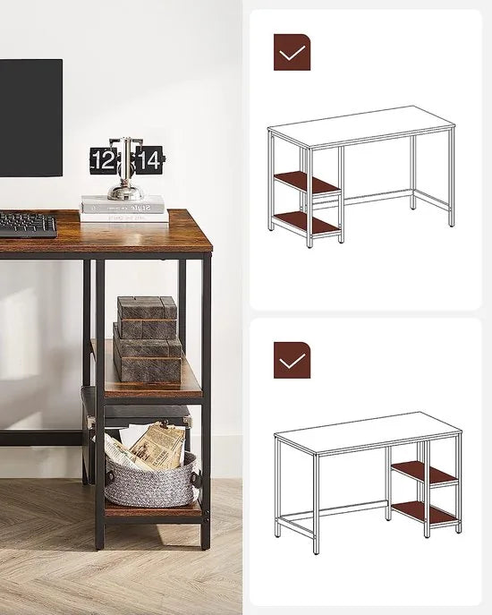 FurnStar - Bureau - computertafel - pc-tafel - bureautafel - met 2 planken rechts of links 120 x 60 x 75 cm - voor kantoor - woonkamer - stalen frame - industrieel ontwerp - vintage bruin-zwart