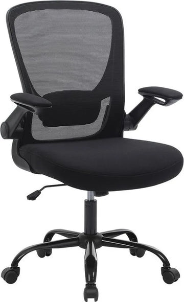 FurnStar - Bureaustoel - Bureaustoel Met Mesh Rugleuning - Ergonomische Computerstoel - Met Verstelbaar Lendensteunkussen - Schommelfunctie - 53 cm Brede Zitting - Opklapbare Armleuningen - Zwart
