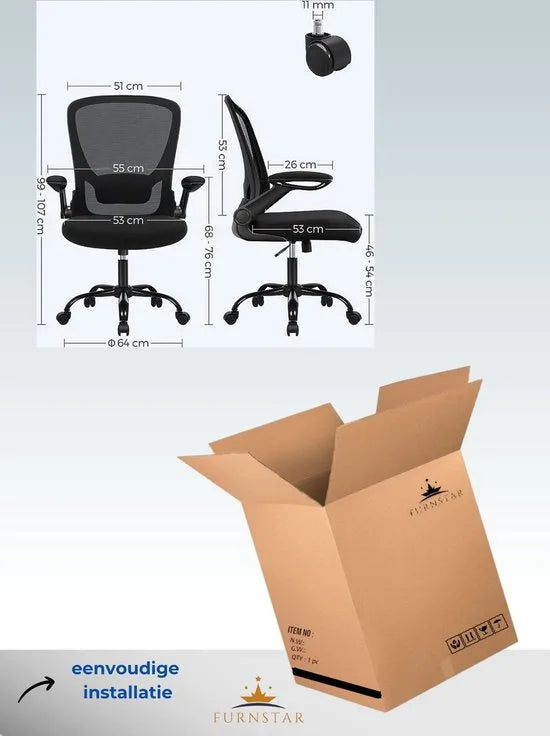 FurnStar - Bureaustoel - Bureaustoel Met Mesh Rugleuning - Ergonomische Computerstoel - Met Verstelbaar Lendensteunkussen - Schommelfunctie - 53 cm Brede Zitting - Opklapbare Armleuningen - Zwart