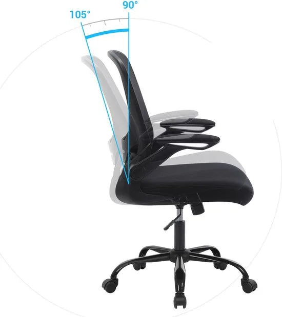FurnStar - Bureaustoel - Bureaustoel Met Mesh Rugleuning - Ergonomische Computerstoel - Met Verstelbaar Lendensteunkussen - Schommelfunctie - 53 cm Brede Zitting - Opklapbare Armleuningen - Zwart