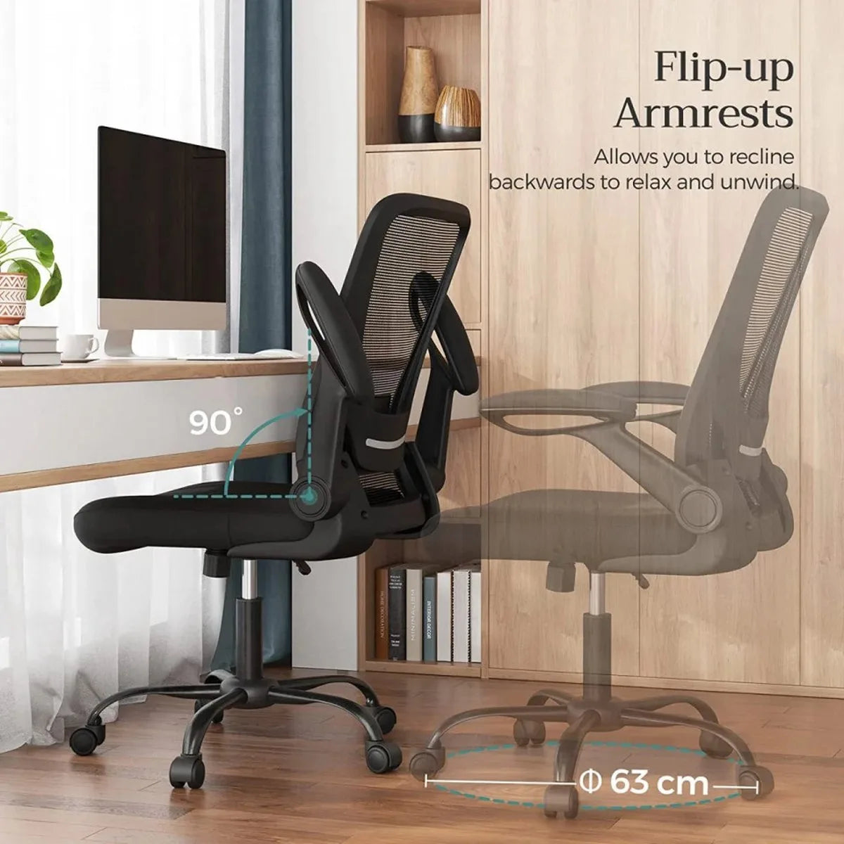 FurnStar - Bureaustoel - Bureaustoel Met Mesh Rugleuning - Ergonomische Computerstoel - Met Verstelbaar Lendensteunkussen - Schommelfunctie - 53 cm Brede Zitting - Opklapbare Armleuningen - Zwart