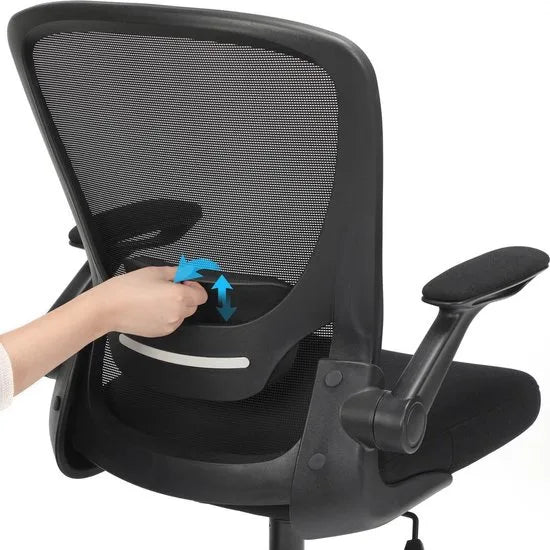 FurnStar - Bureaustoel - Bureaustoel Met Mesh Rugleuning - Ergonomische Computerstoel - Met Verstelbaar Lendensteunkussen - Schommelfunctie - 53 cm Brede Zitting - Opklapbare Armleuningen - Zwart