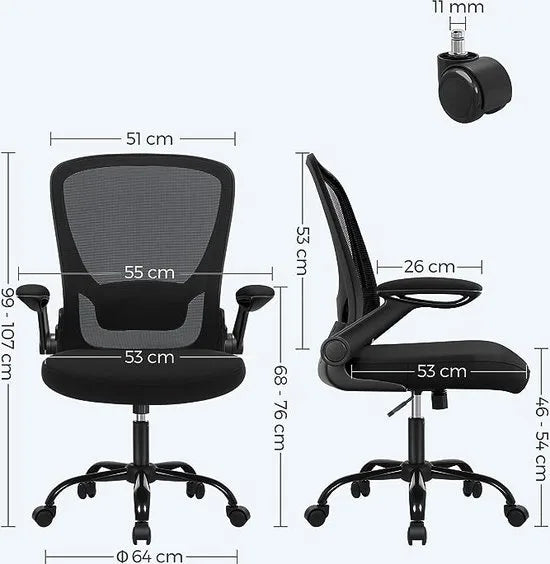 FurnStar - Bureaustoel - Bureaustoel Met Mesh Rugleuning - Ergonomische Computerstoel - Met Verstelbaar Lendensteunkussen - Schommelfunctie - 53 cm Brede Zitting - Opklapbare Armleuningen - Zwart