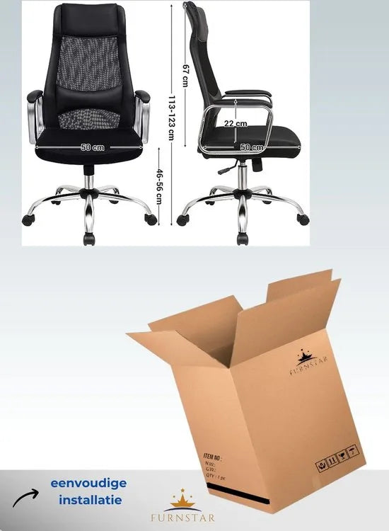 FurnStar - Bureaustoel - Canvas Ergonomische stoel - Verstelbare draaibare zitting - Kantelmechanisme - Ademend met hoofdsteun - Lendensteun - Kantoorbelasting 120 kg - Zwart