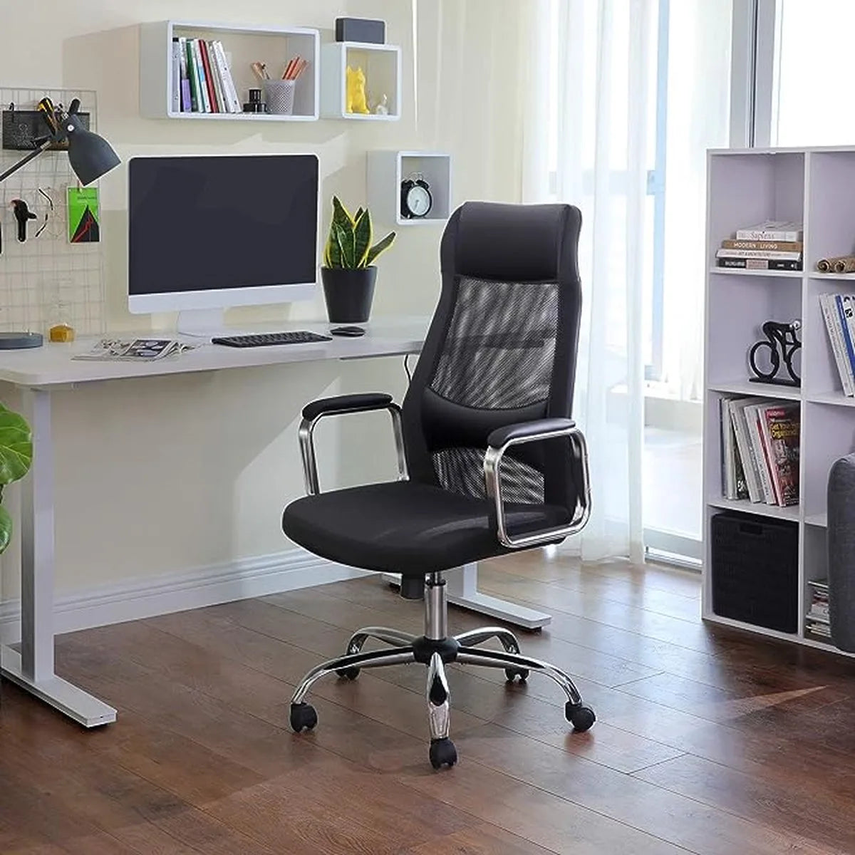 FurnStar - Bureaustoel - Canvas Ergonomische stoel - Verstelbare draaibare zitting - Kantelmechanisme - Ademend met hoofdsteun - Lendensteun - Kantoorbelasting 120 kg - Zwart