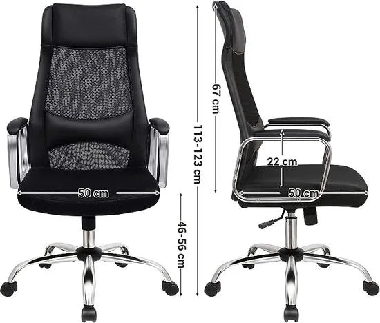 FurnStar - Bureaustoel - Canvas Ergonomische stoel - Verstelbare draaibare zitting - Kantelmechanisme - Ademend met hoofdsteun - Lendensteun - Kantoorbelasting 120 kg - Zwart