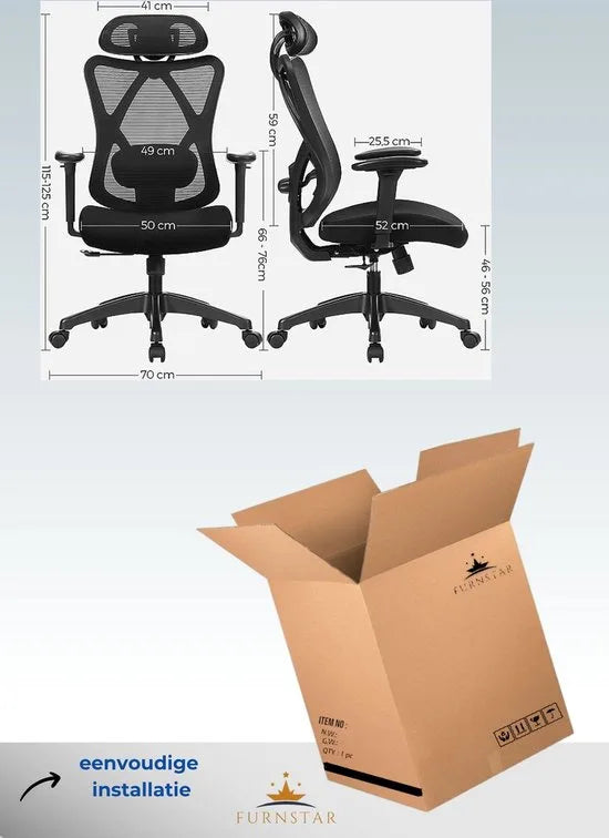 FurnStar - Bureaustoel - Ergonomische bureaustoel - Computerstoel - Mesh stoel - Verstelbare lendensteun en hoofdsteun - Maximale belasting 150 kg - Hoogte verstelbaar - Zwart